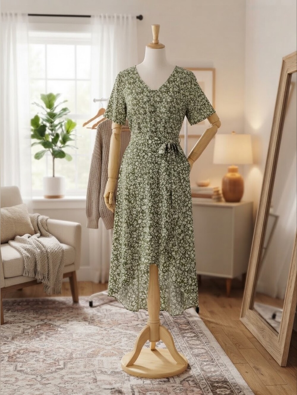 Ellakoko Green & White Floral High-Low Dress SZ XL